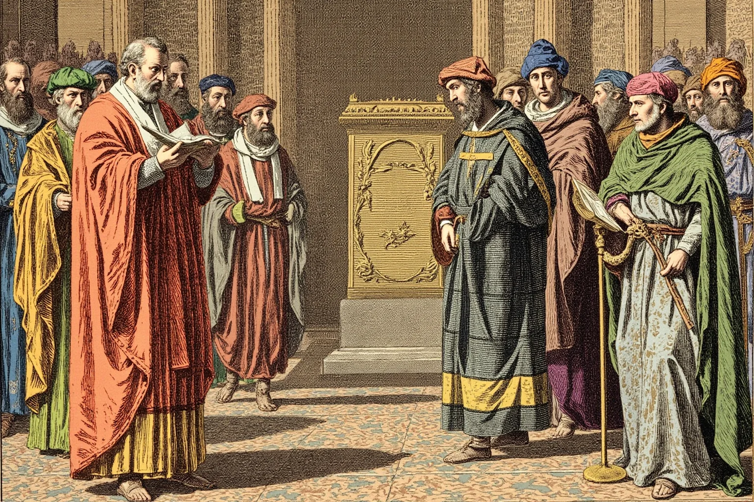 An illustrated medieval Scottish royal court scene with two robed poets facing off in front of a throne