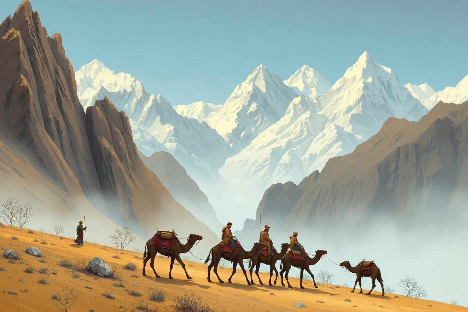 An illustrated medieval trade caravan crossing a Central Asian mountain landscape with camels and merchants
