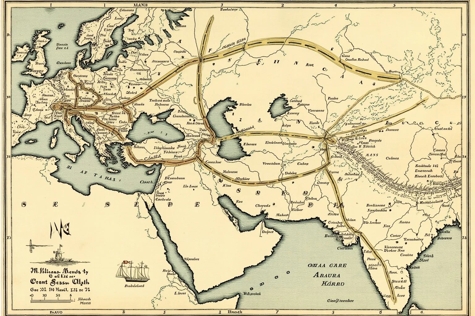 25 Little-Known Facts About Genghis Khan, the Brutal Ruler 20 An illustrated medieval trade route map showing caravans and ships connecting East and West