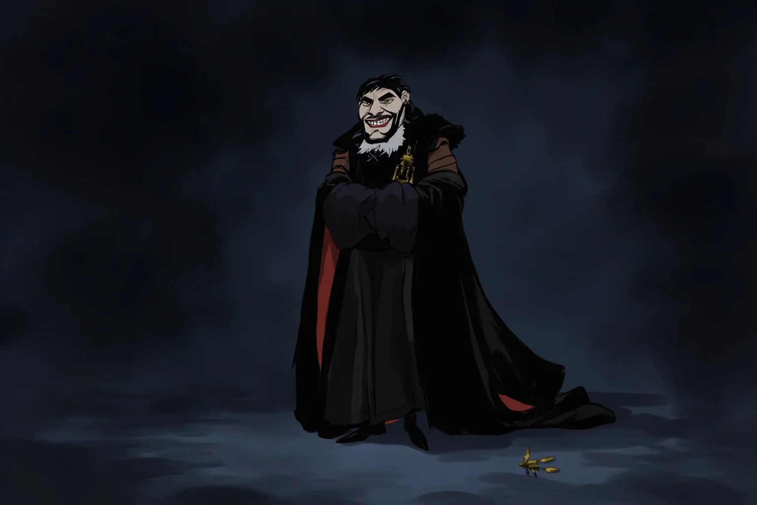 An illustrated menacing villain character in dark Renaissance-era costume standing confidently on a dim stage