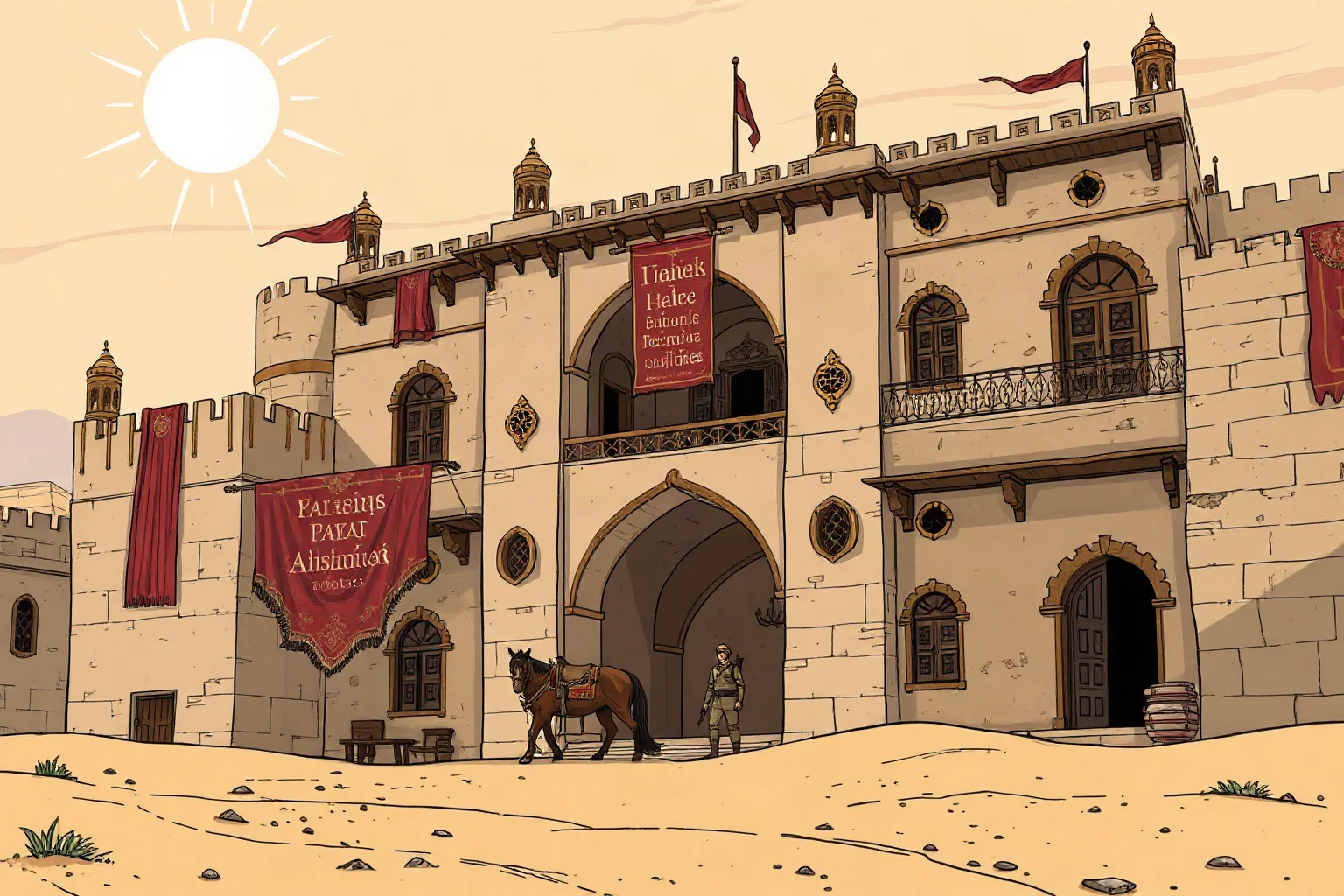 An illustrated Middle Eastern palace exterior with desert sand and military banners under a harsh sun