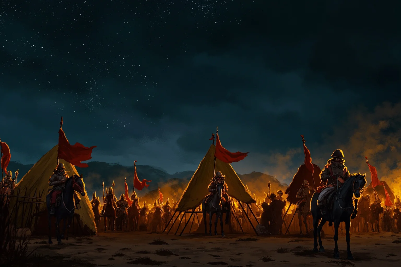 25 Little-Known Facts About Genghis Khan, the Brutal Ruler 15 An illustrated Mongol army camp at night with campfires and banners spreading a sense of intimidation