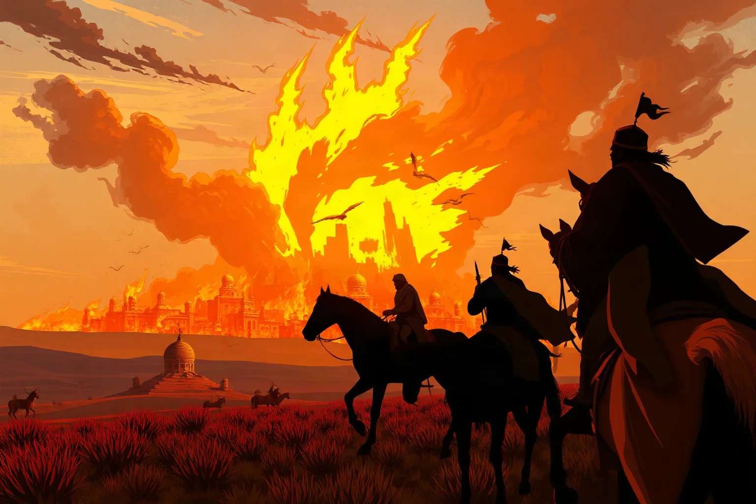 An illustrated Mongol horseman silhouette on horseback before a burning medieval city on the steppe