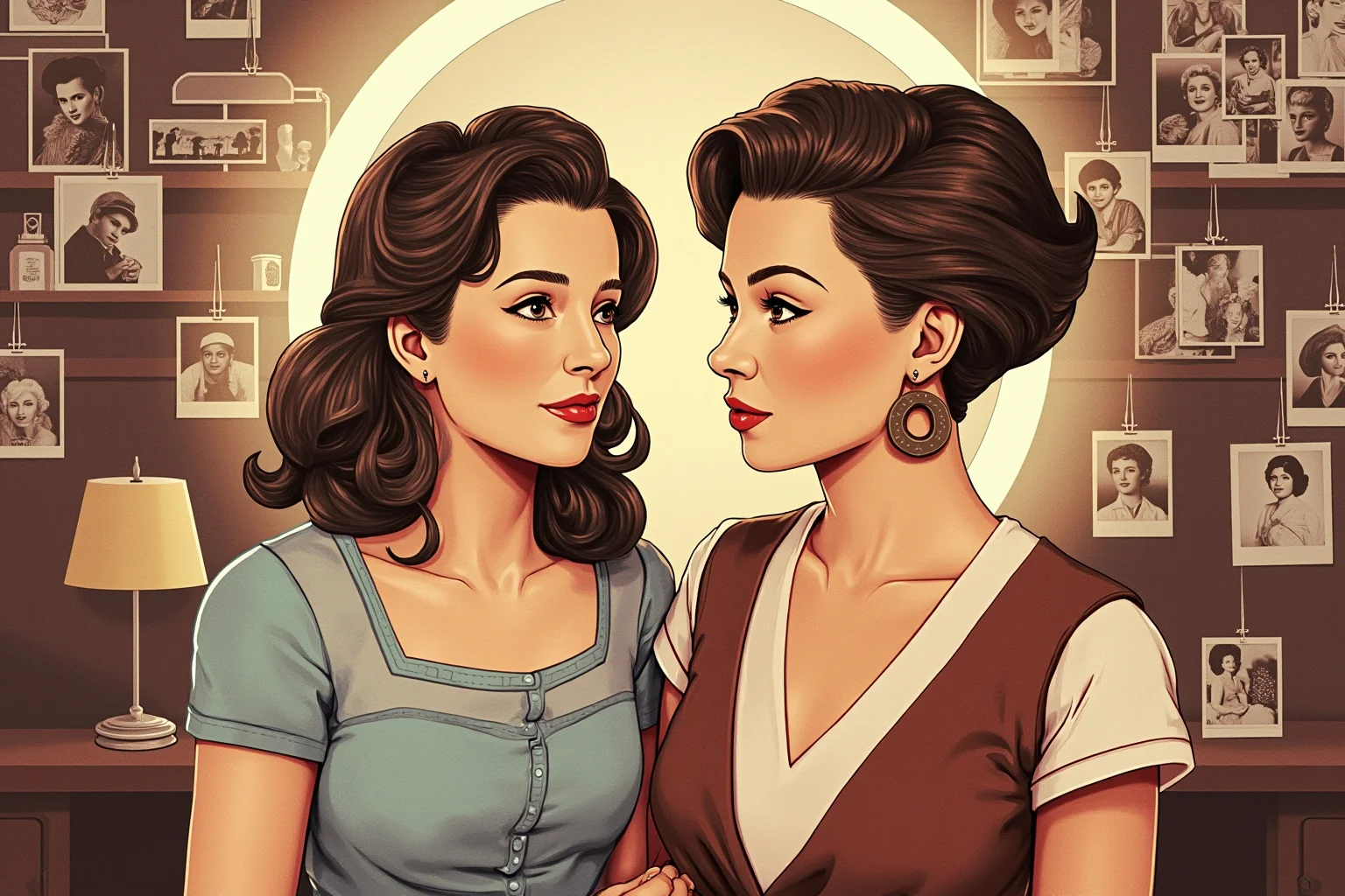 Historical Figures Who Died Of A Broken Heart 20 An illustrated mother-and-daughter portrait in a classic Hollywood dressing room filled with old photographs