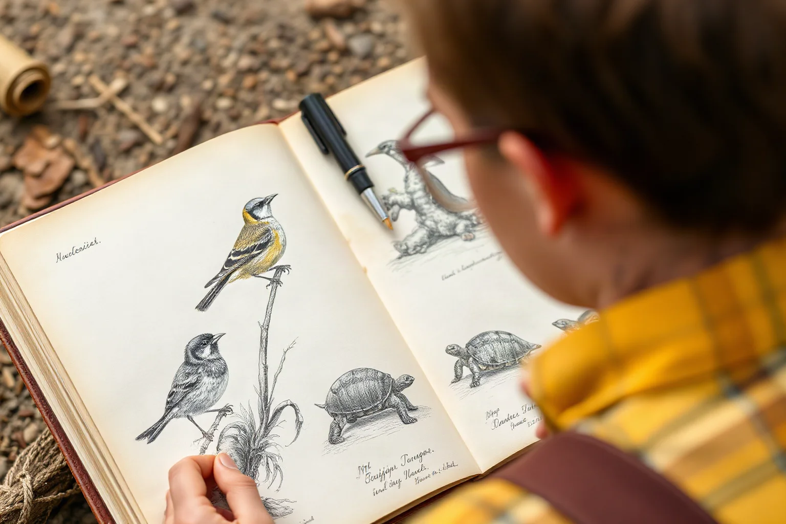 An illustrated naturalist sketching finches and tortoises in a field notebook, evoking 19th-century scientific exploration