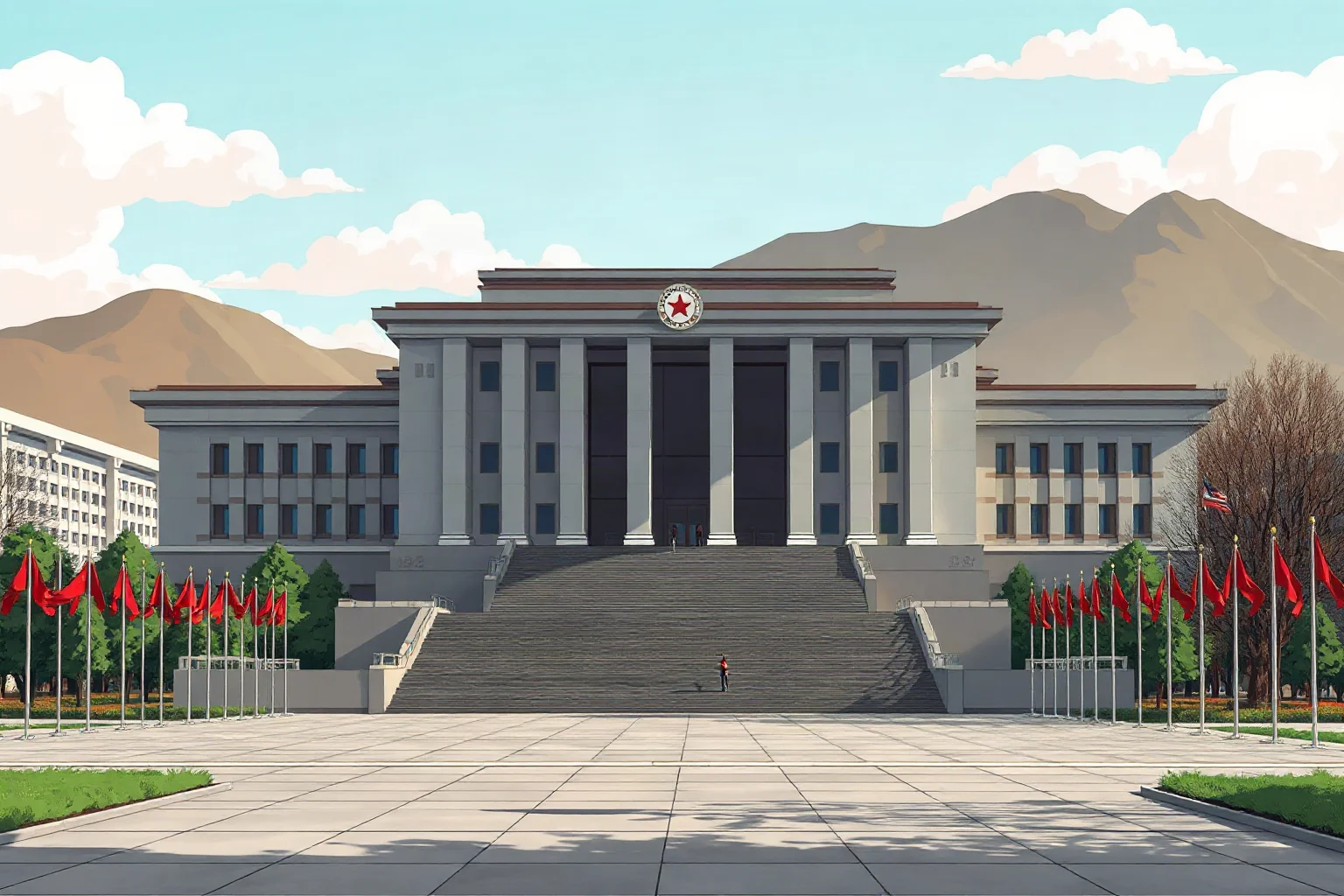 An illustrated North Korean-style city square with a massive gray government building and uniform rows of flags