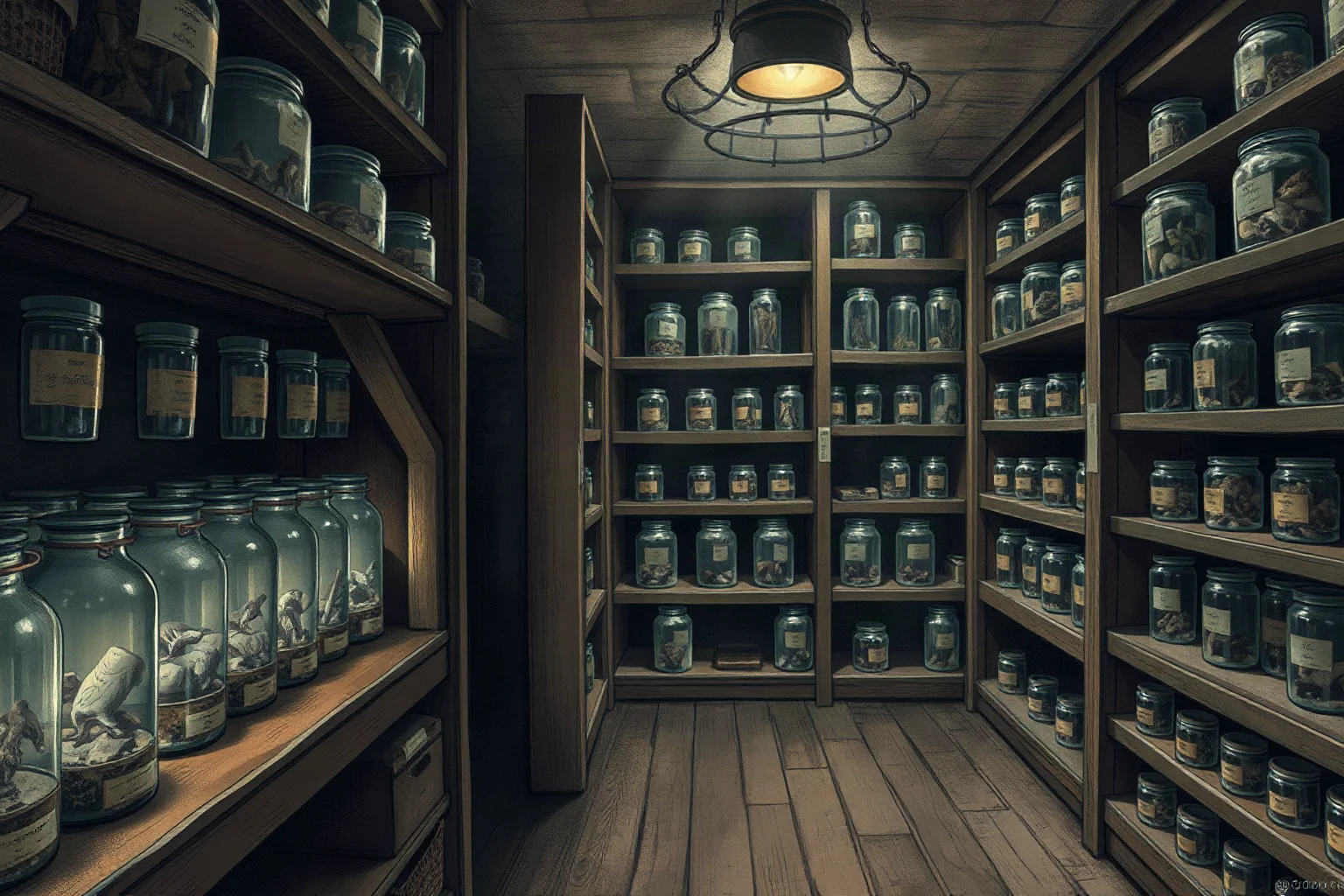 An illustrated old dusty museum storage room with sealed jars and specimen shelves, mysterious tone