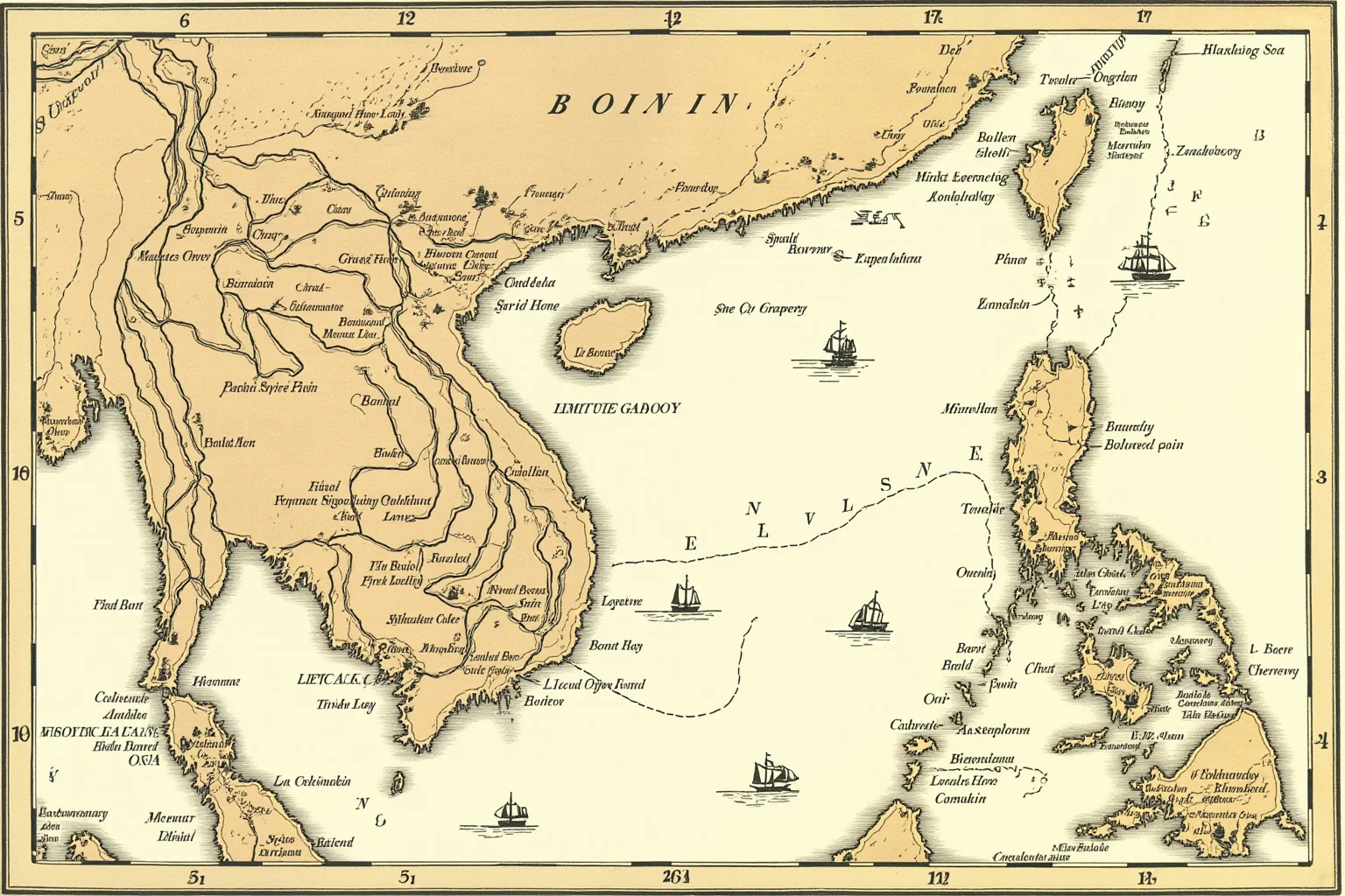 An illustrated old nautical map of the South China Sea coastline with sailing ship icons