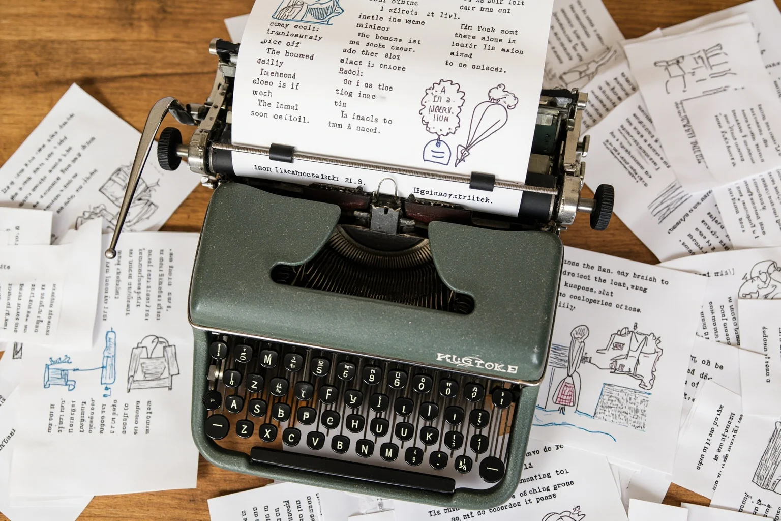 An illustrated old typewriter with scattered papers covered in witty handwritten one-liners
