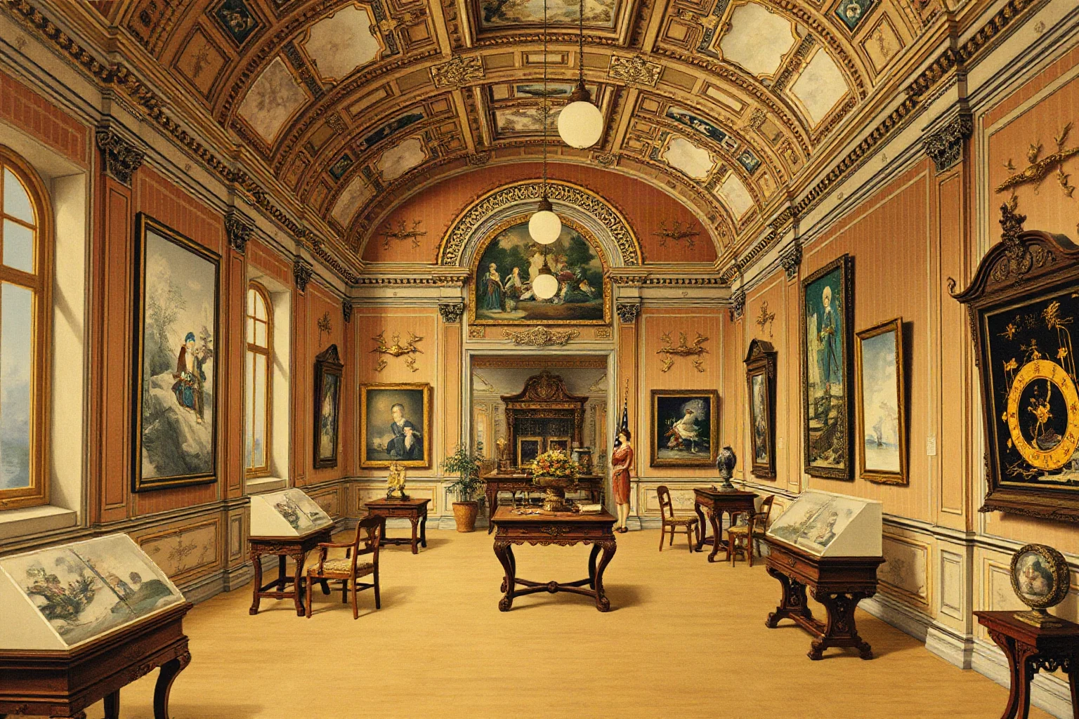 An illustrated ornate museum hall with Asian art displays, early 1900s Paris setting