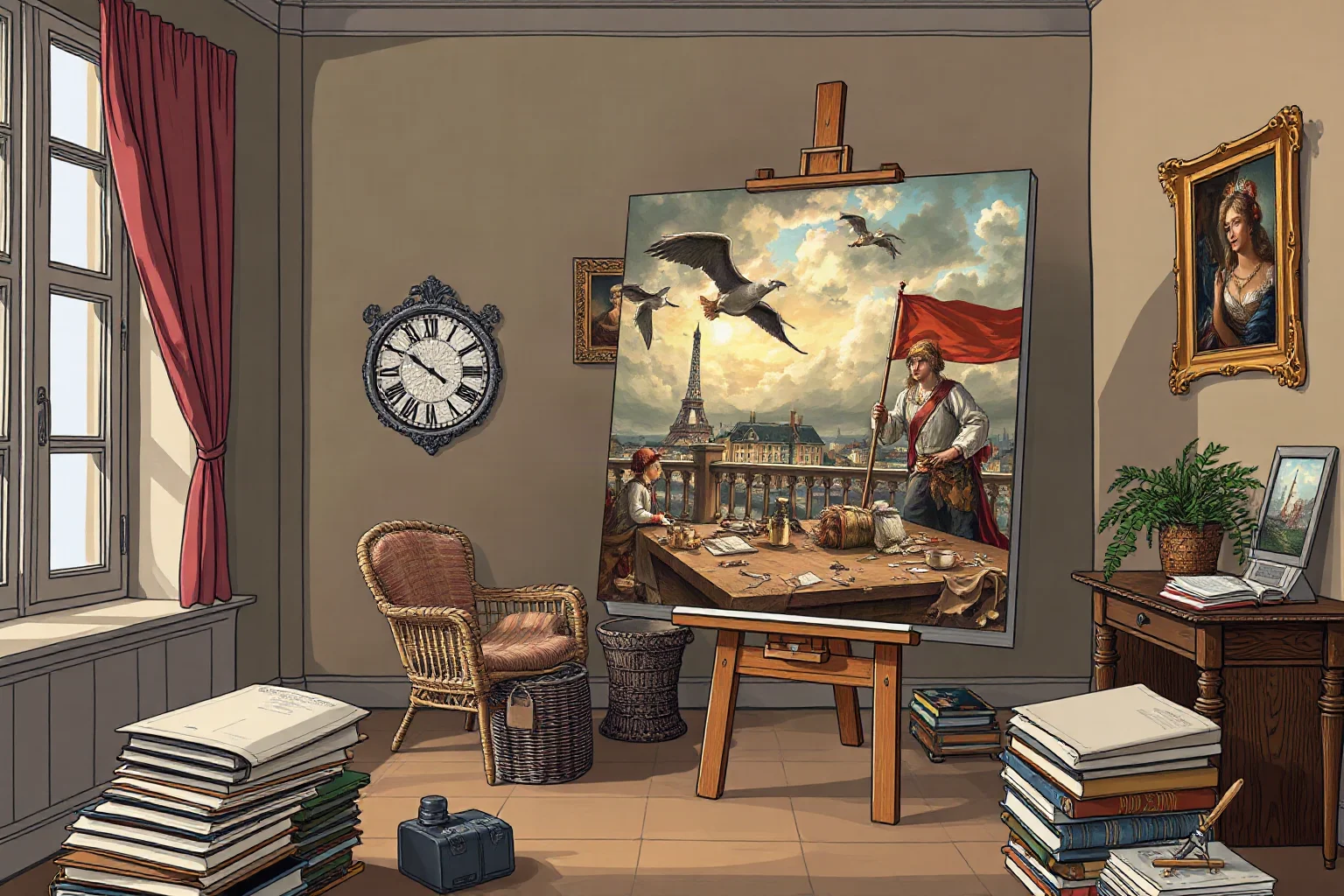 An illustrated painter at an easel working on a dramatic historical canvas in a Paris studio, 18th-century setting