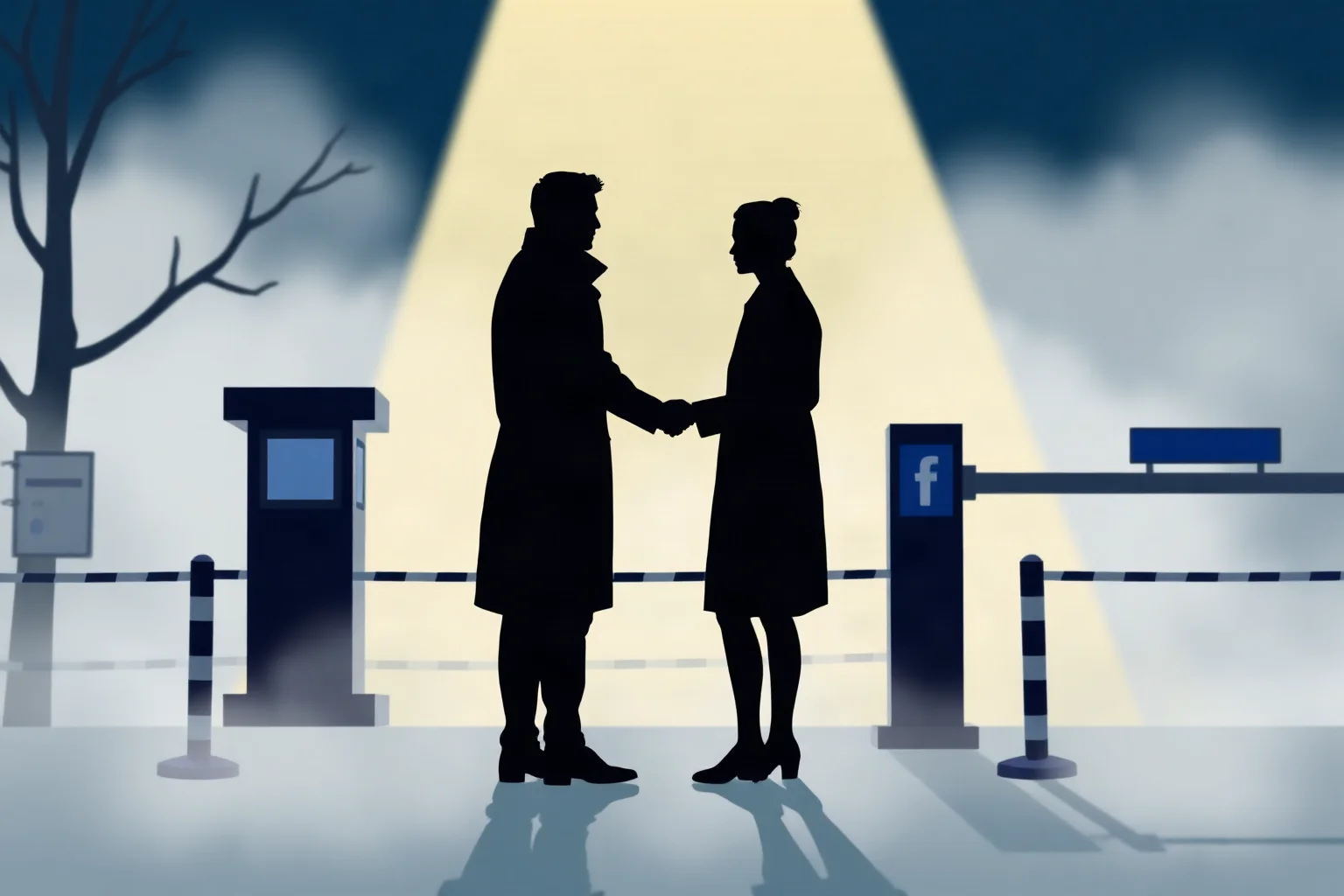 An illustrated pair of silhouetted figures meeting secretly near a foggy European border checkpoint