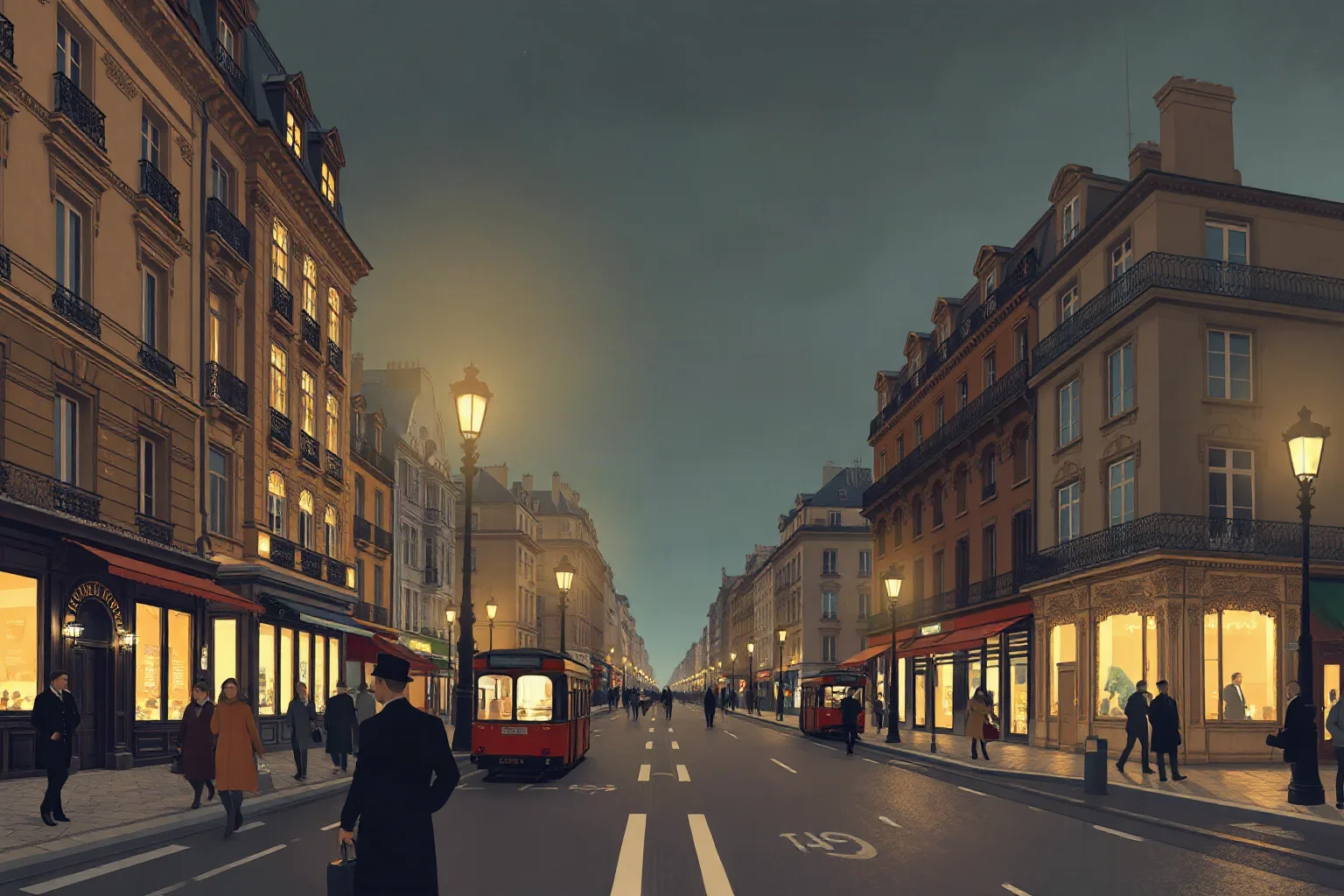 An illustrated Parisian street scene at night, early 1900s Belle Époque architecture and gas lamps