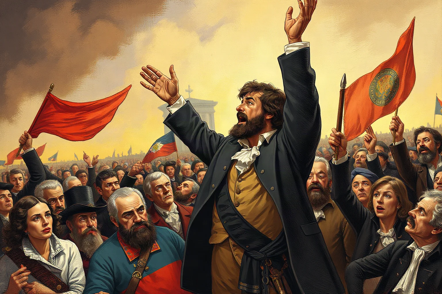 An illustrated passionate orator with arms raised addressing a revolutionary crowd, 18th-century French setting