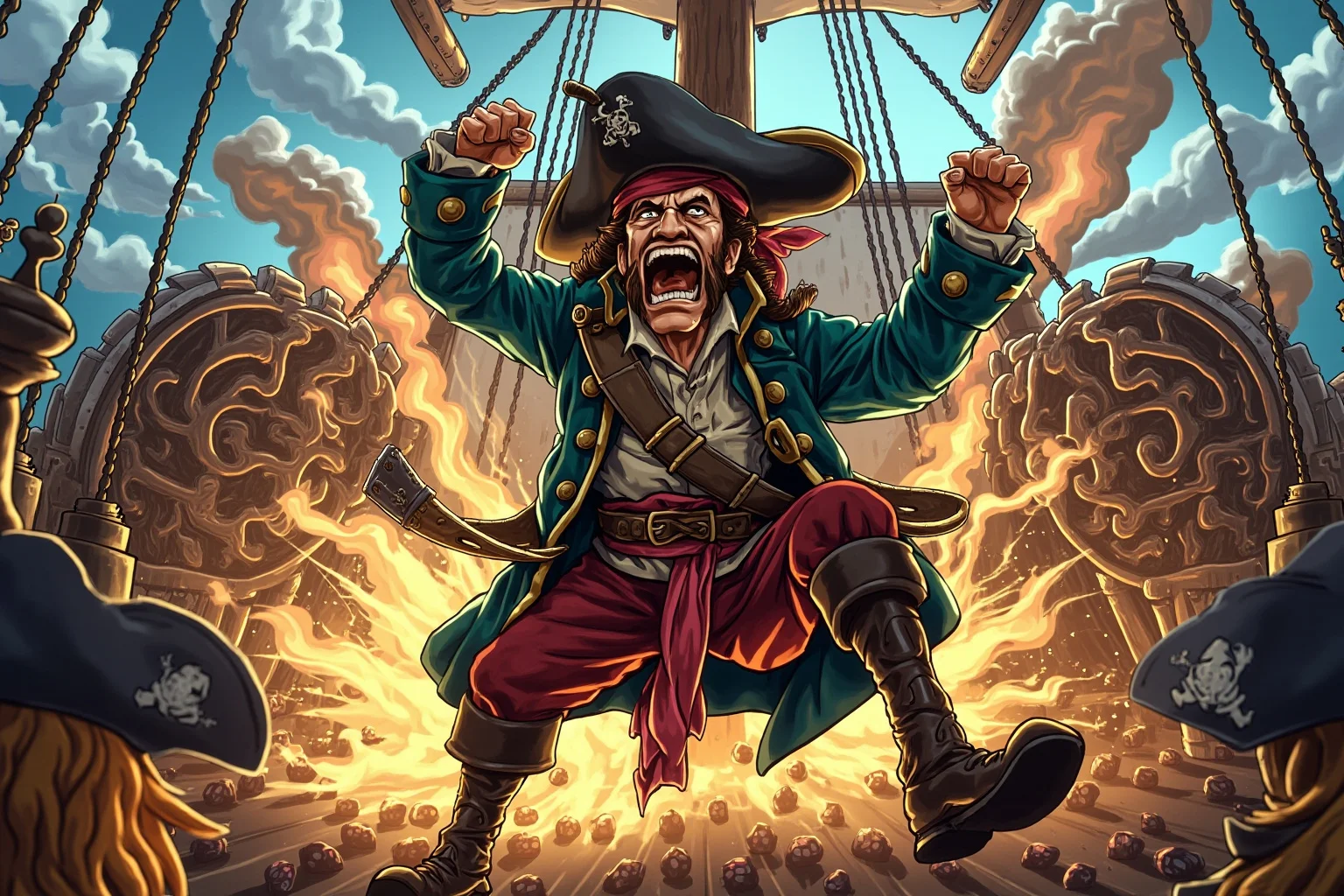 An illustrated pirate captain mid-shout on a ship deck, exaggerated and theatrical in style