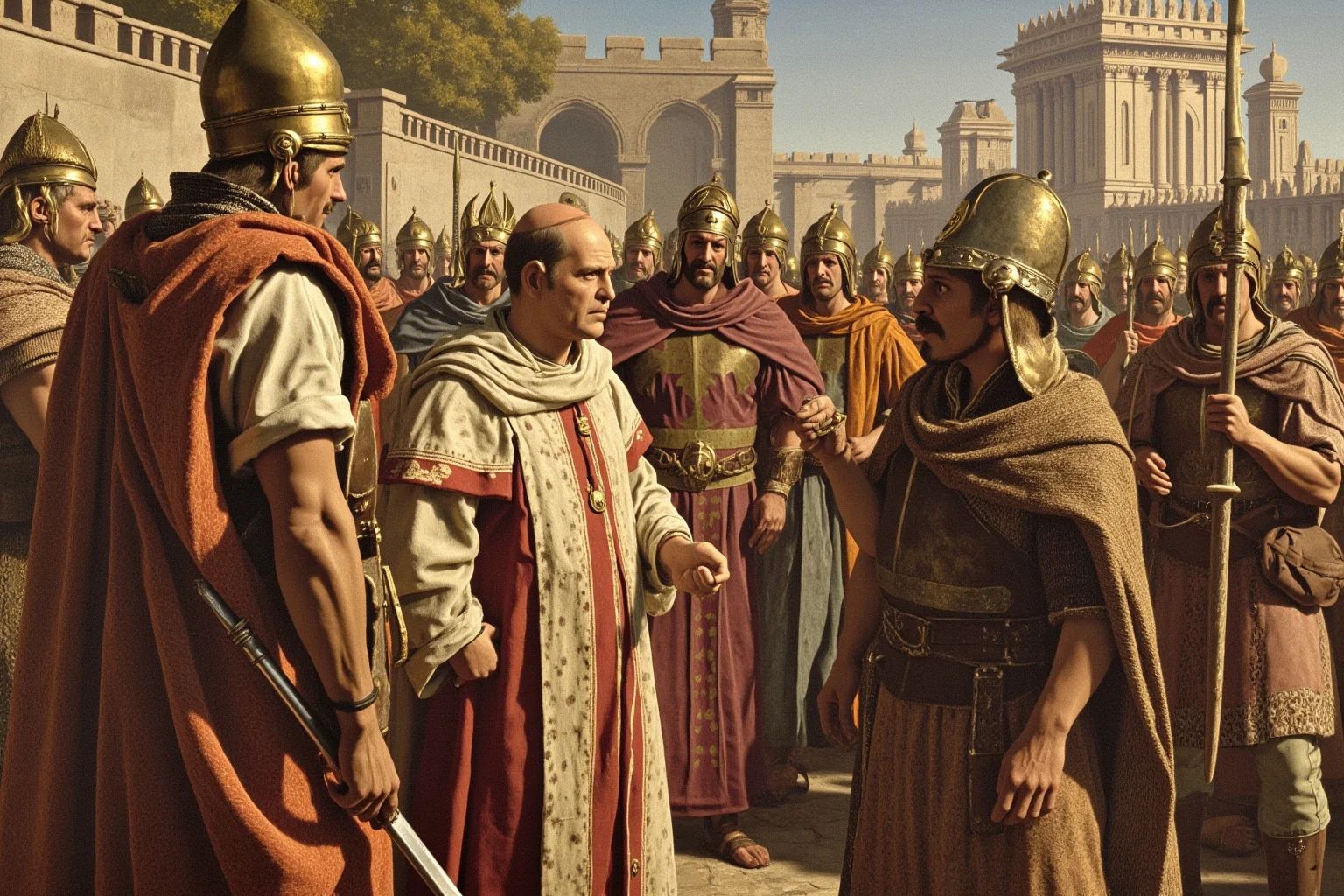 Best and Worst Popes in History: Ranking 20 Who Shaped (or Shook) the Church 7 An illustrated portrait of a 5th-century pope in formal robes meeting a barbarian warlord outside city walls, historical painting style