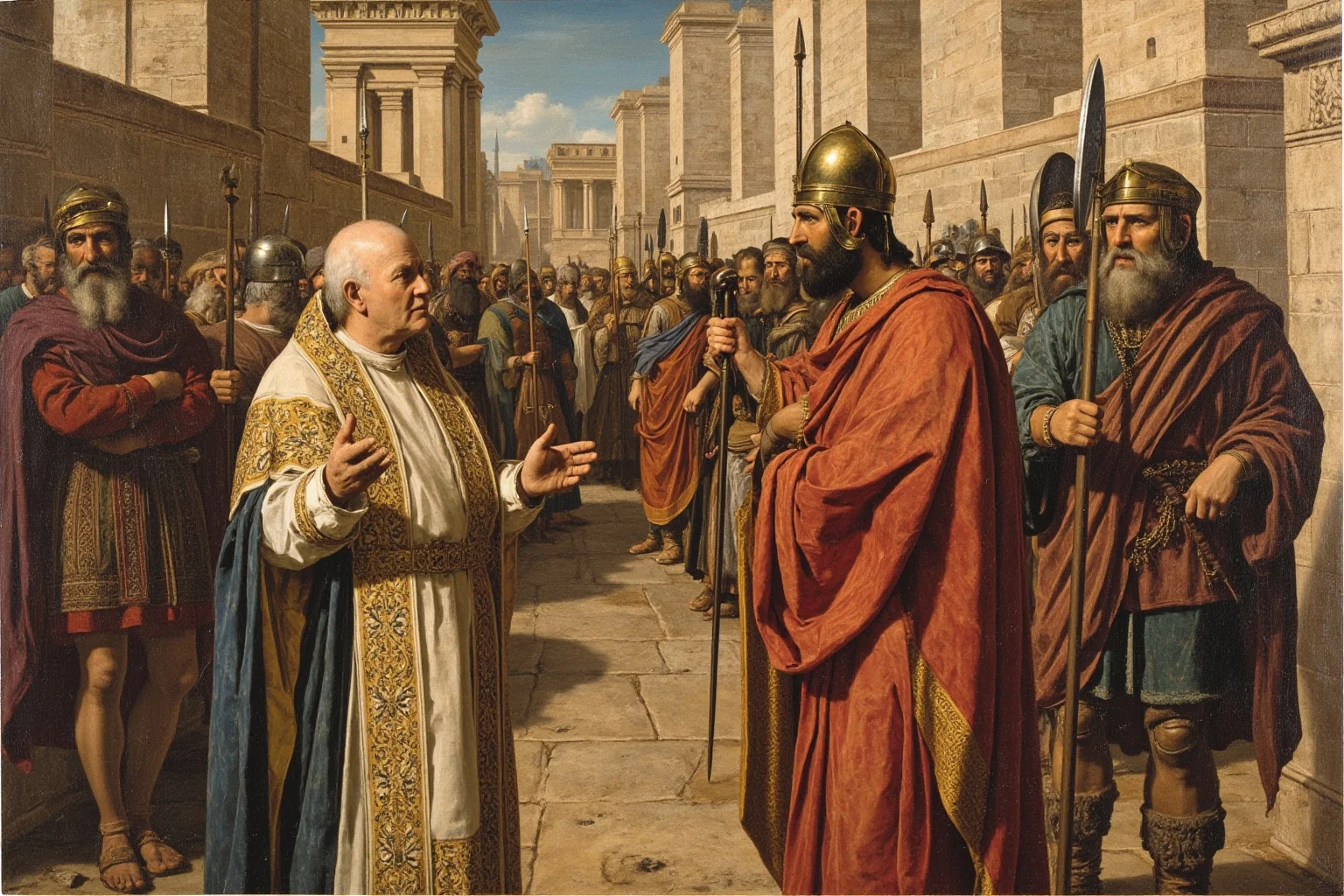 Best and Worst Popes in History: Ranking 20 Who Shaped (or Shook) the Church 9 An illustrated portrait of a 5th-century pope in formal robes meeting a barbarian warlord outside city walls, historical painting style