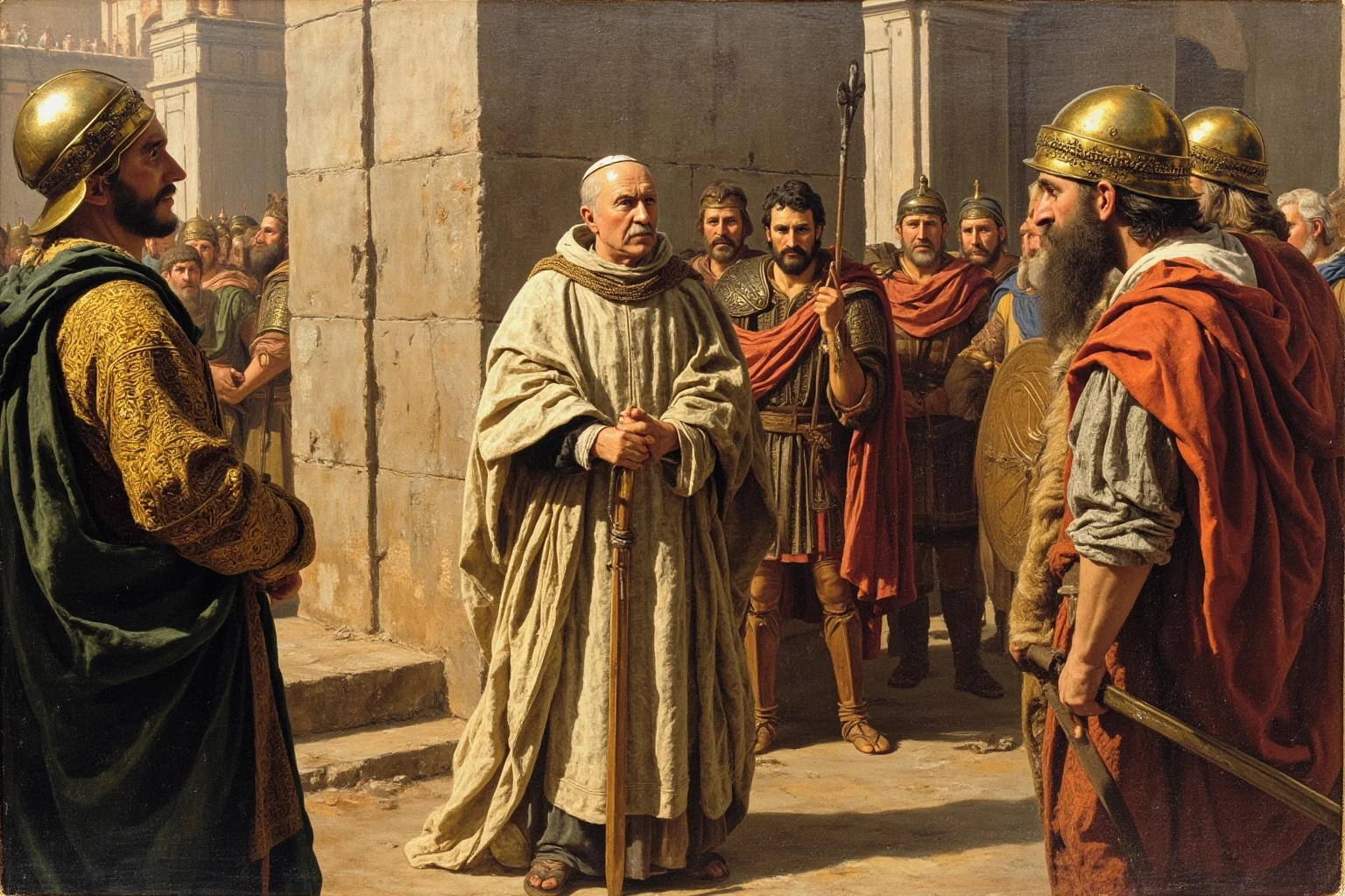 Best and Worst Popes in History: Ranking 20 Who Shaped (or Shook) the Church 15 An illustrated portrait of a 5th-century pope in formal robes meeting a barbarian warlord outside city walls, historical painting style