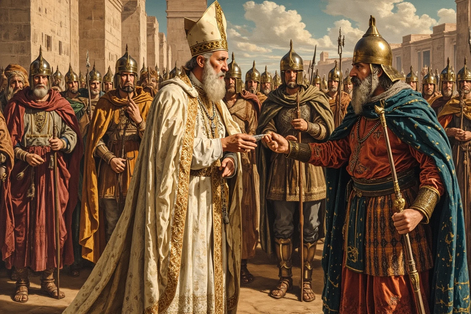 Best and Worst Popes in History: Ranking 20 Who Shaped (or Shook) the Church 21 An illustrated portrait of a 5th-century pope in formal robes meeting a barbarian warlord outside city walls, historical painting style