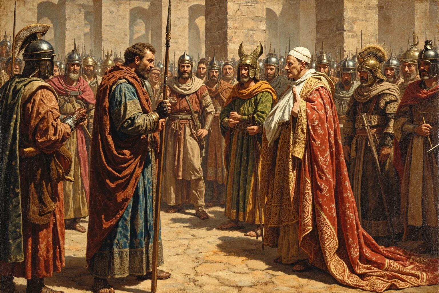 Best and Worst Popes in History: Ranking 20 Who Shaped (or Shook) the Church 3 An illustrated portrait of a 5th-century pope in formal robes meeting a barbarian warlord outside city walls, historical painting style