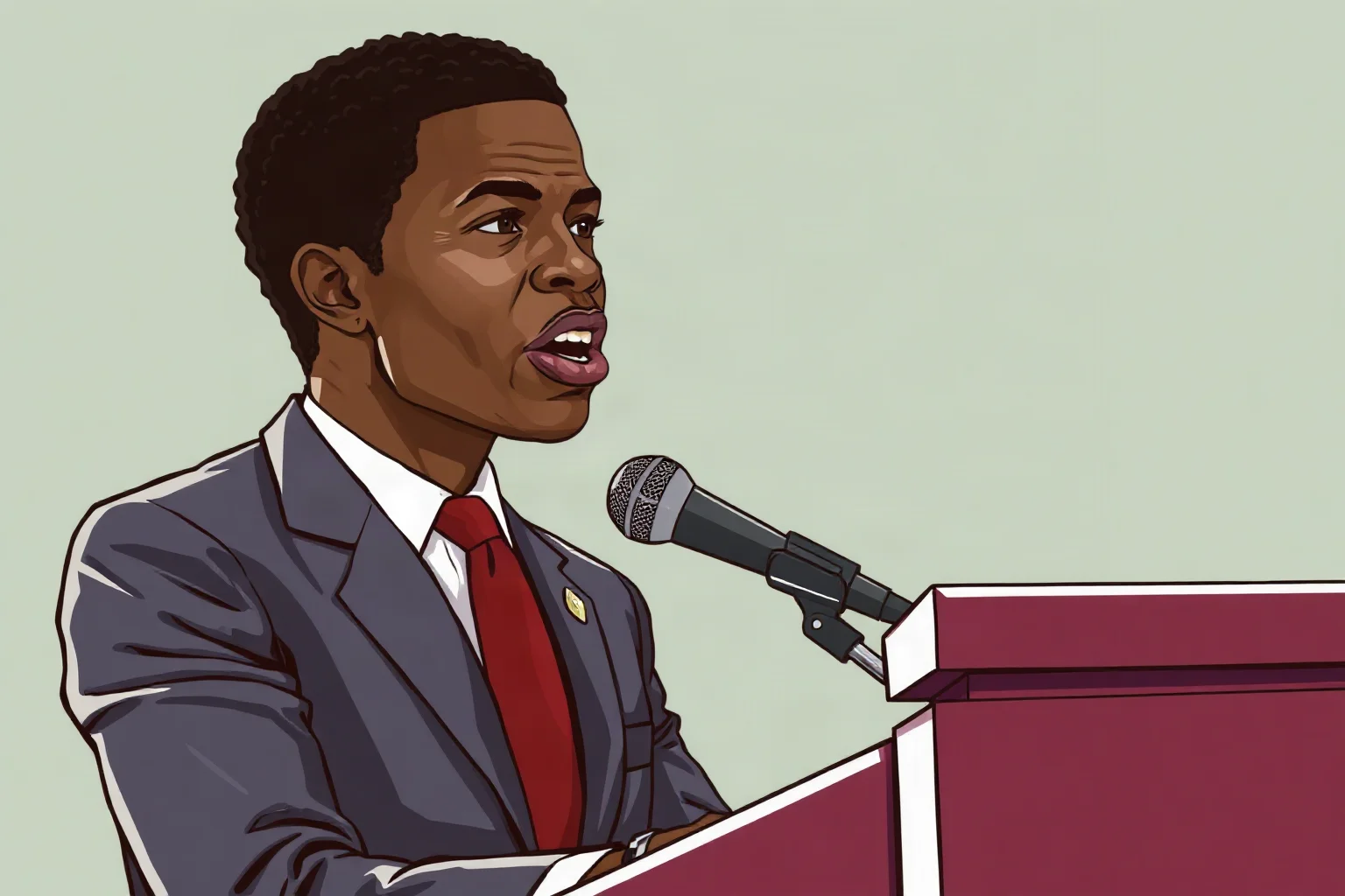 An illustrated portrait of a sharply dressed Black activist speaking passionately at a podium with a microphone