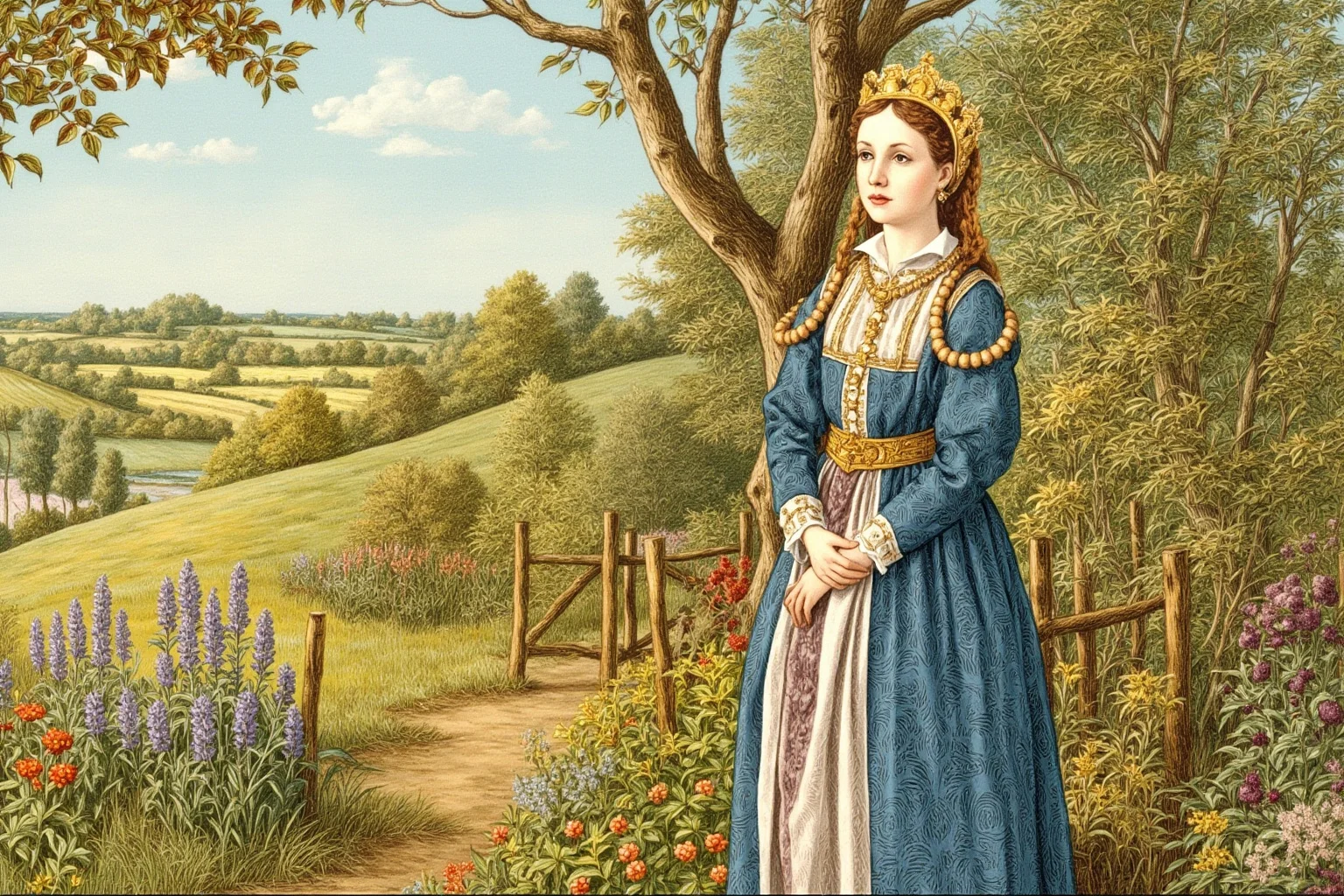 An illustrated portrait-style depiction of a Tudor-era Englishwoman in period dress standing in a countryside garden