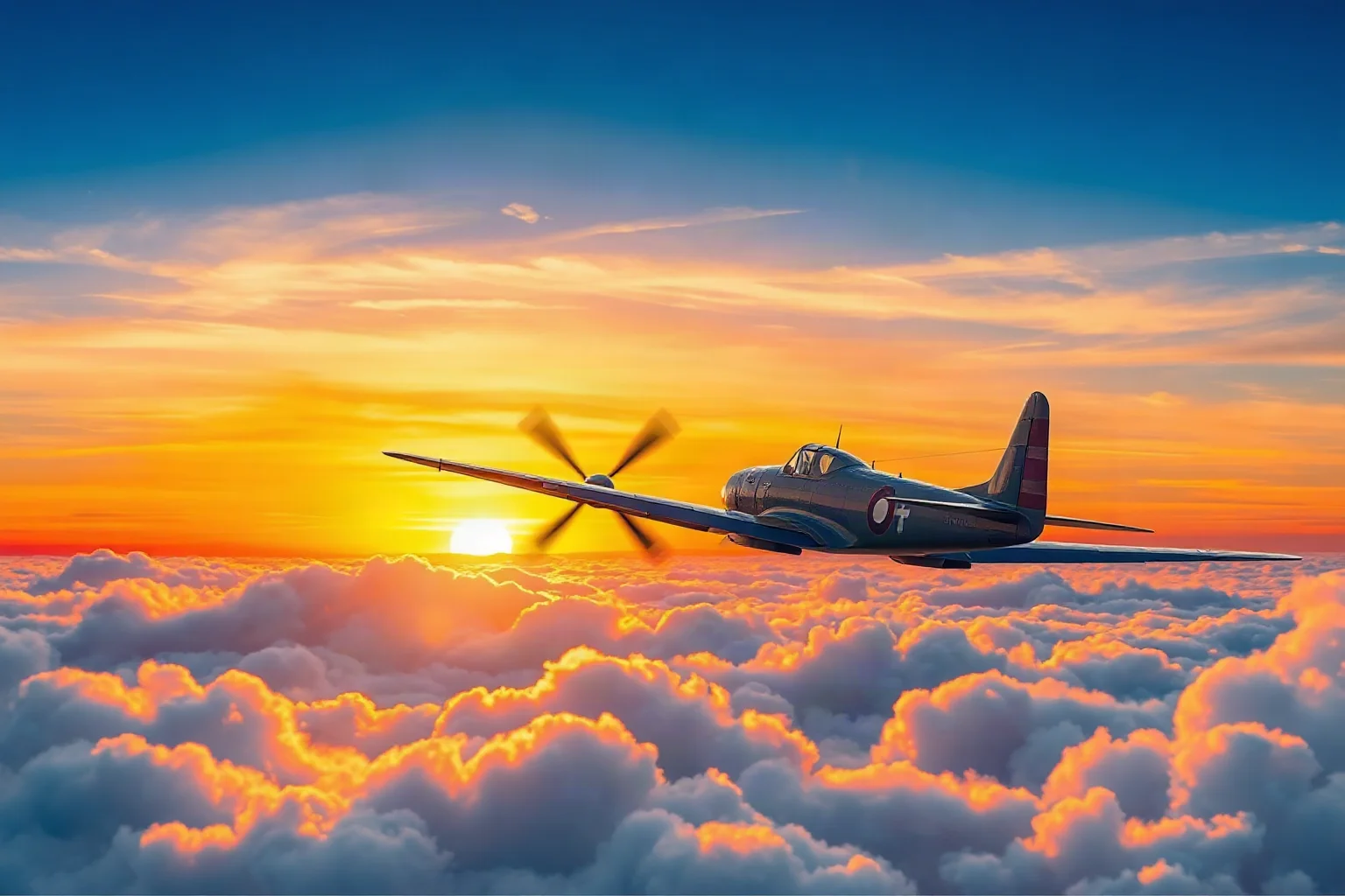 An illustrated propeller airplane flying low over clouds at sunset, symbolic wartime aviation scene