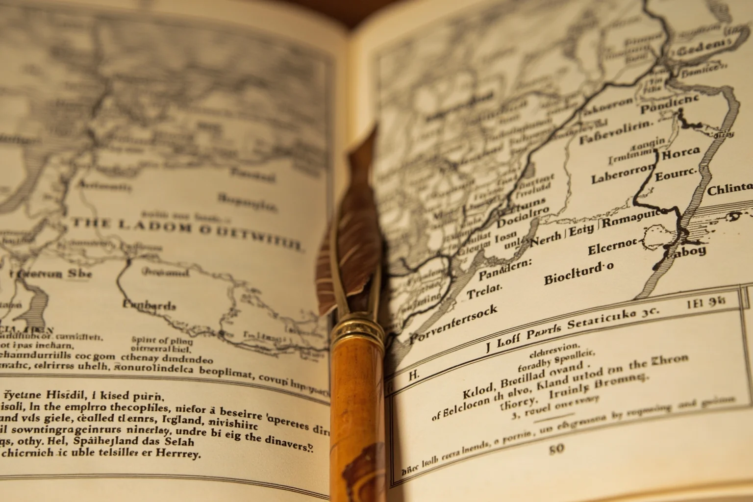 Galileo, Harvard, and 20 Other Unlikely Simultaneous Historical Events 9 An illustrated quill pen and open antique book resting on a map showing both England and Spain