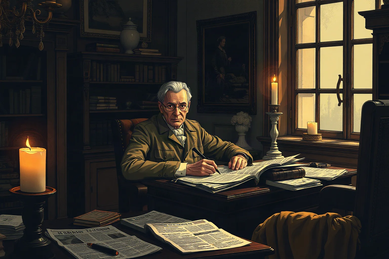 An illustrated radical journalist writing at a desk covered in newspapers, dim candlelit 18th-century French room