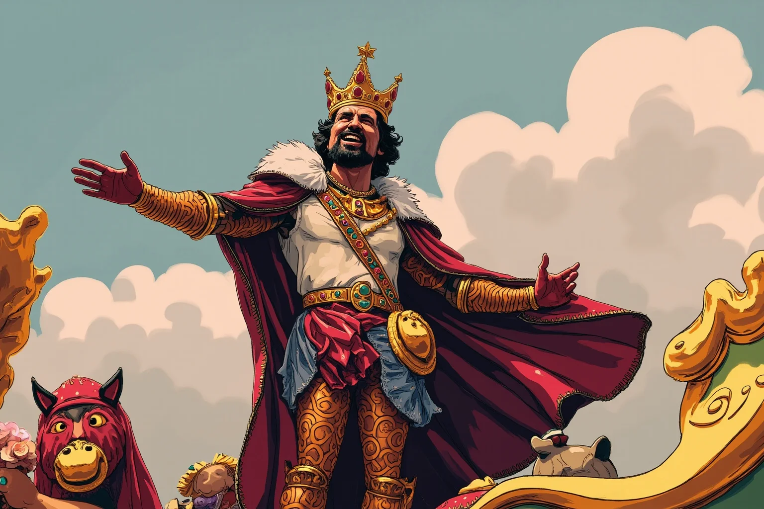 Mardi Gras Krewes: How Parades Turned Into Power And Pop Culture 8 An illustrated regal figure in a jeweled crown and cape on a decorated parade float, symbolizing a Carnival king