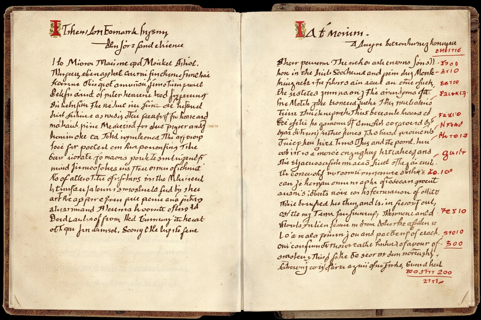 An illustrated Renaissance-era stage script page marked up with red editing notes
