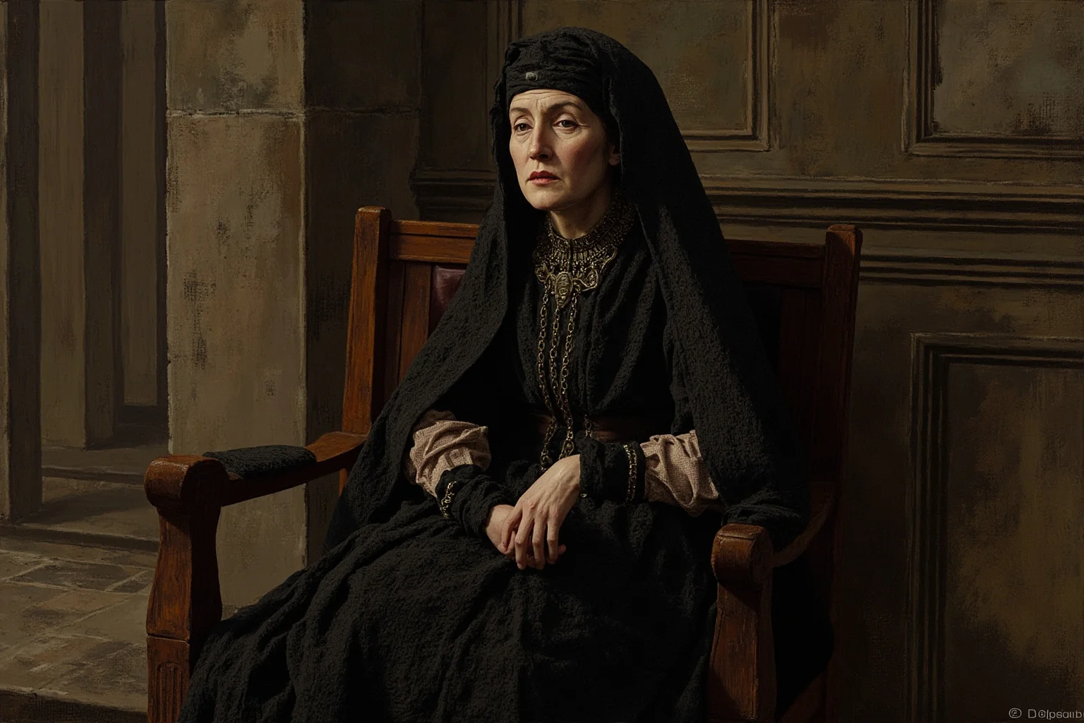 Historical Figures Who Died Of A Broken Heart 5 An illustrated Renaissance-style portrait of a grieving Spanish queen dressed in dark mourning attire in a stone castle room