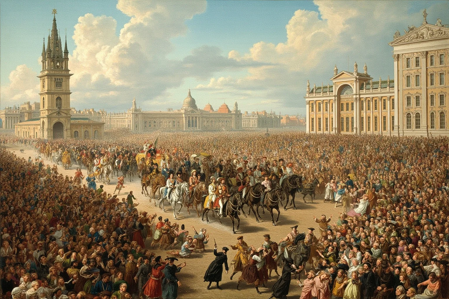 The British Abolished the Monarchy Before — So Why Did They Bring It Back? 2 An illustrated Restoration-era scene of a royal procession returning to London with cheering crowds, 1600s architecture, painterly historical art style