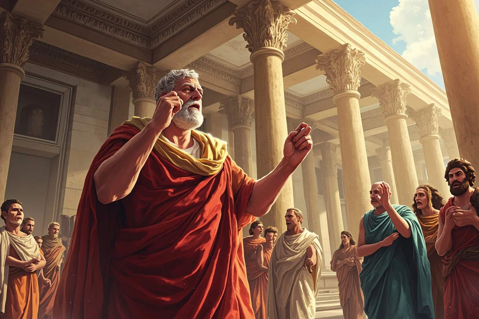 An illustrated Roman senator in a toga gesturing dramatically mid-speech inside a marble senate hall