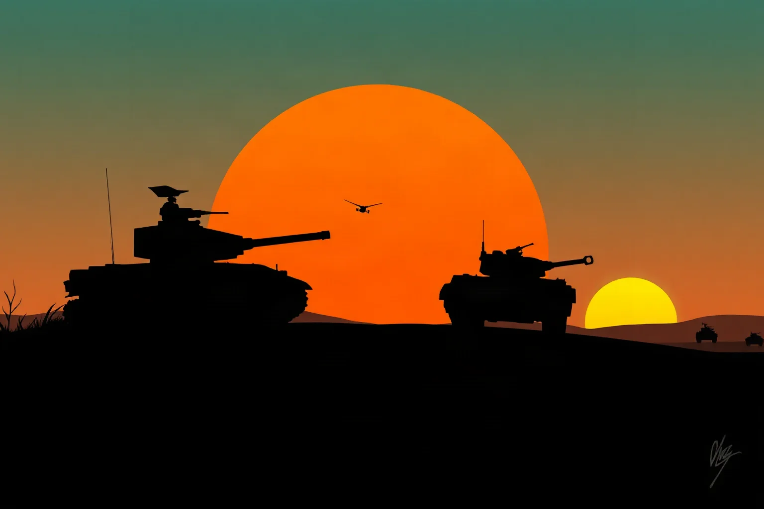 An illustrated row of stylized tank silhouettes on a horizon at dawn, symbolic and non-graphic