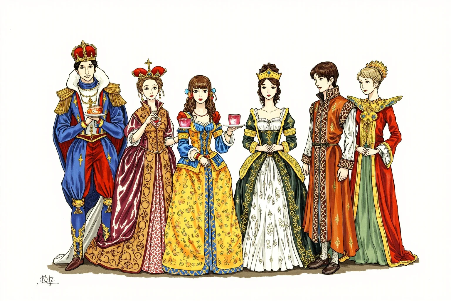 Mardi Gras Krewes: How Parades Turned Into Power And Pop Culture 12 An illustrated royal court lineup with a king, queen, dukes, and maids in ornate Carnival costumes