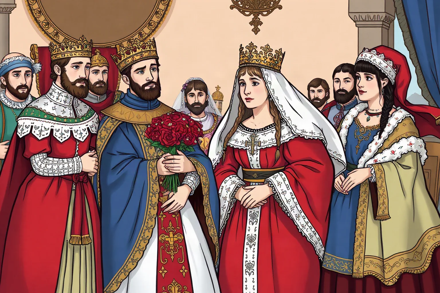 An illustrated royal wedding scene between two European noble families in medieval dress