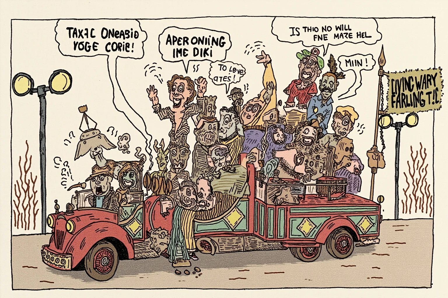 Mardi Gras Krewes: How Parades Turned Into Power And Pop Culture 10 An illustrated satirical parade float with a comedic, exaggerated theme mocking a formal royal court