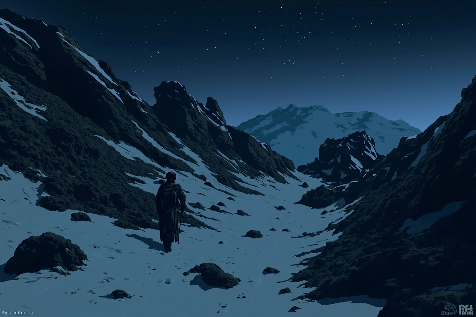 An illustrated scene of a rugged mountain pass at night with a lone silhouetted figure trekking through snow near the Pyrenees, symbolizing a wartime escape