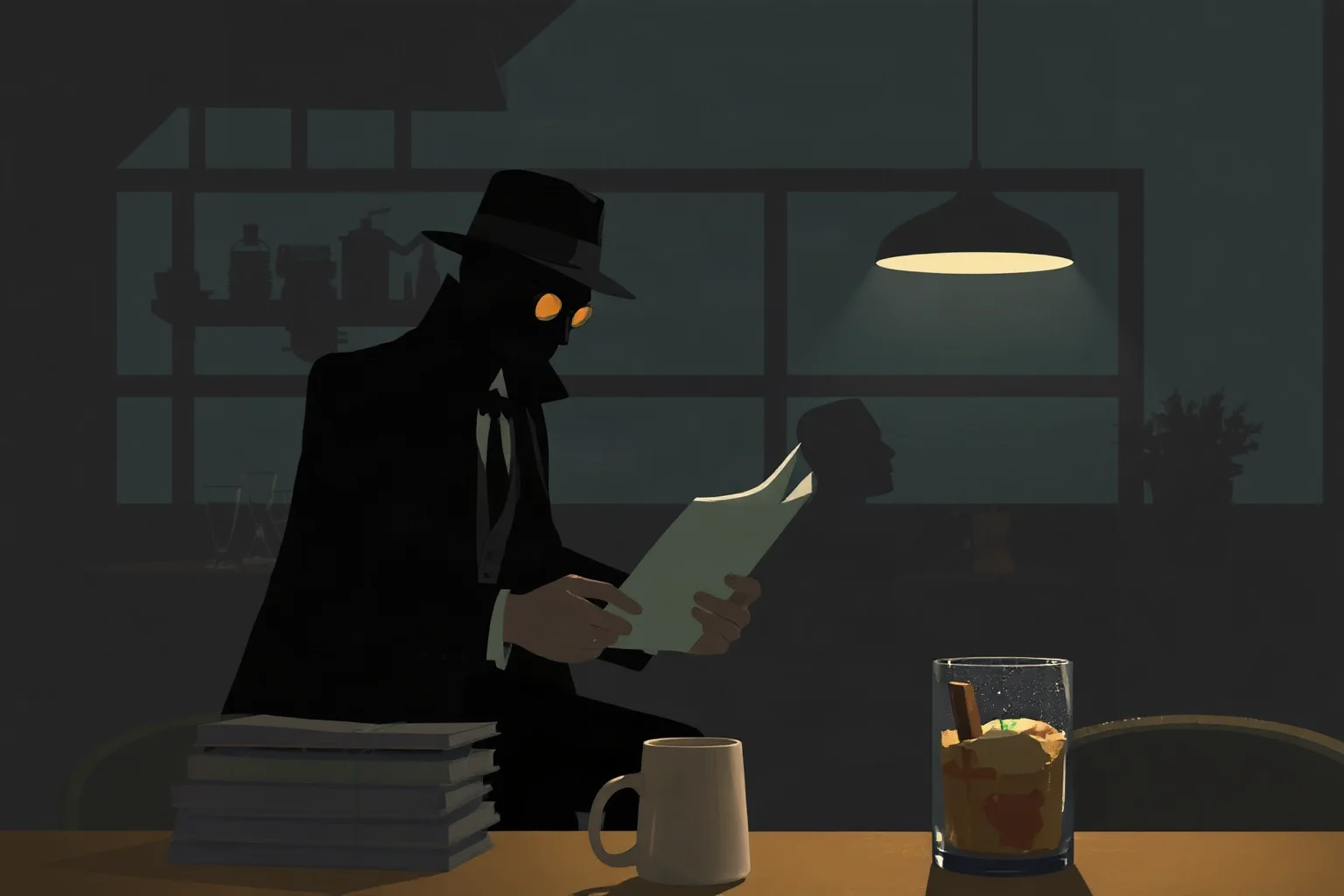 An illustrated shadowy figure exchanging documents in a dim café, spy-thriller mood, non-photorealistic