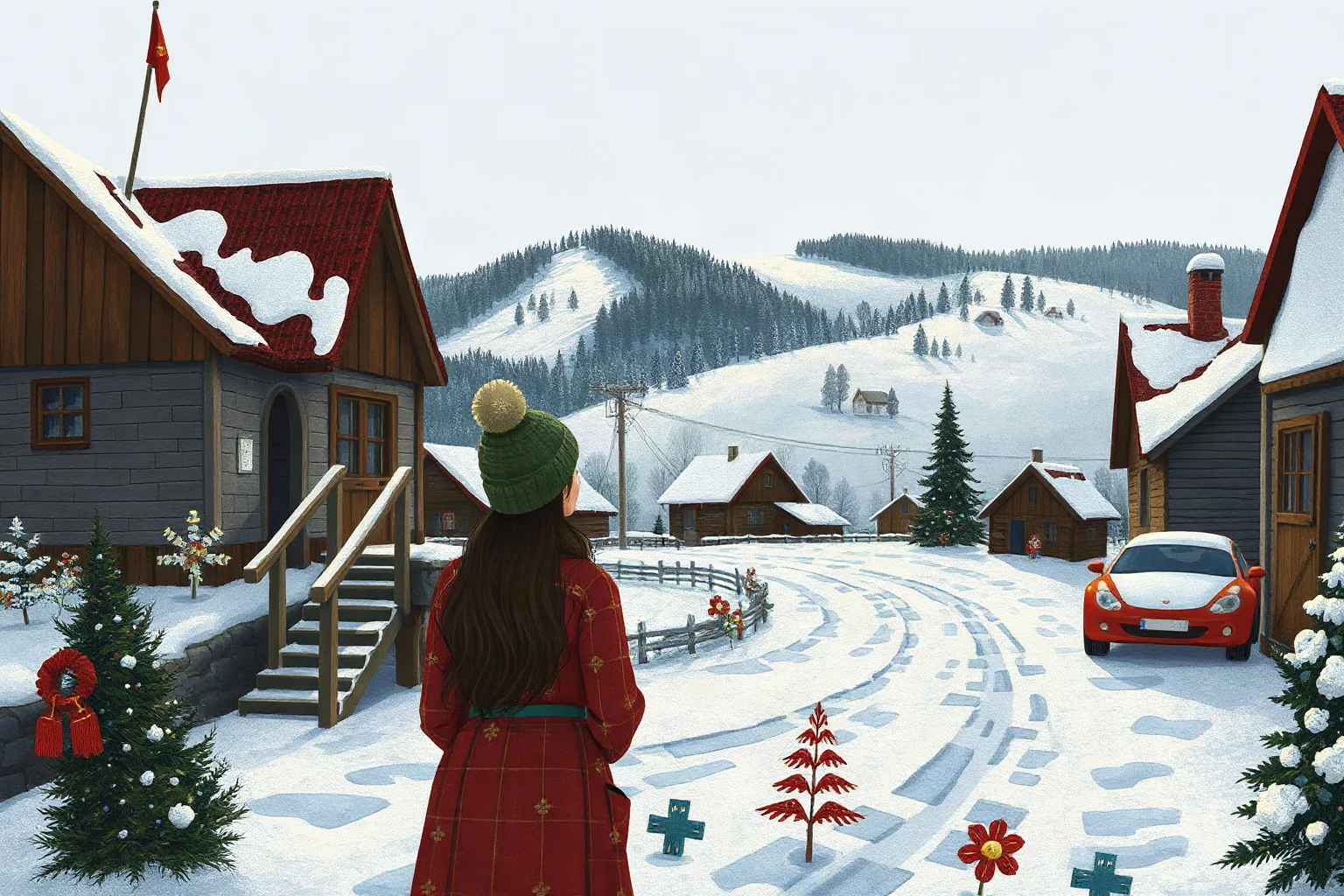 An illustrated snowy Eastern European village scene with a young woman looking toward distant hills, folk-art style