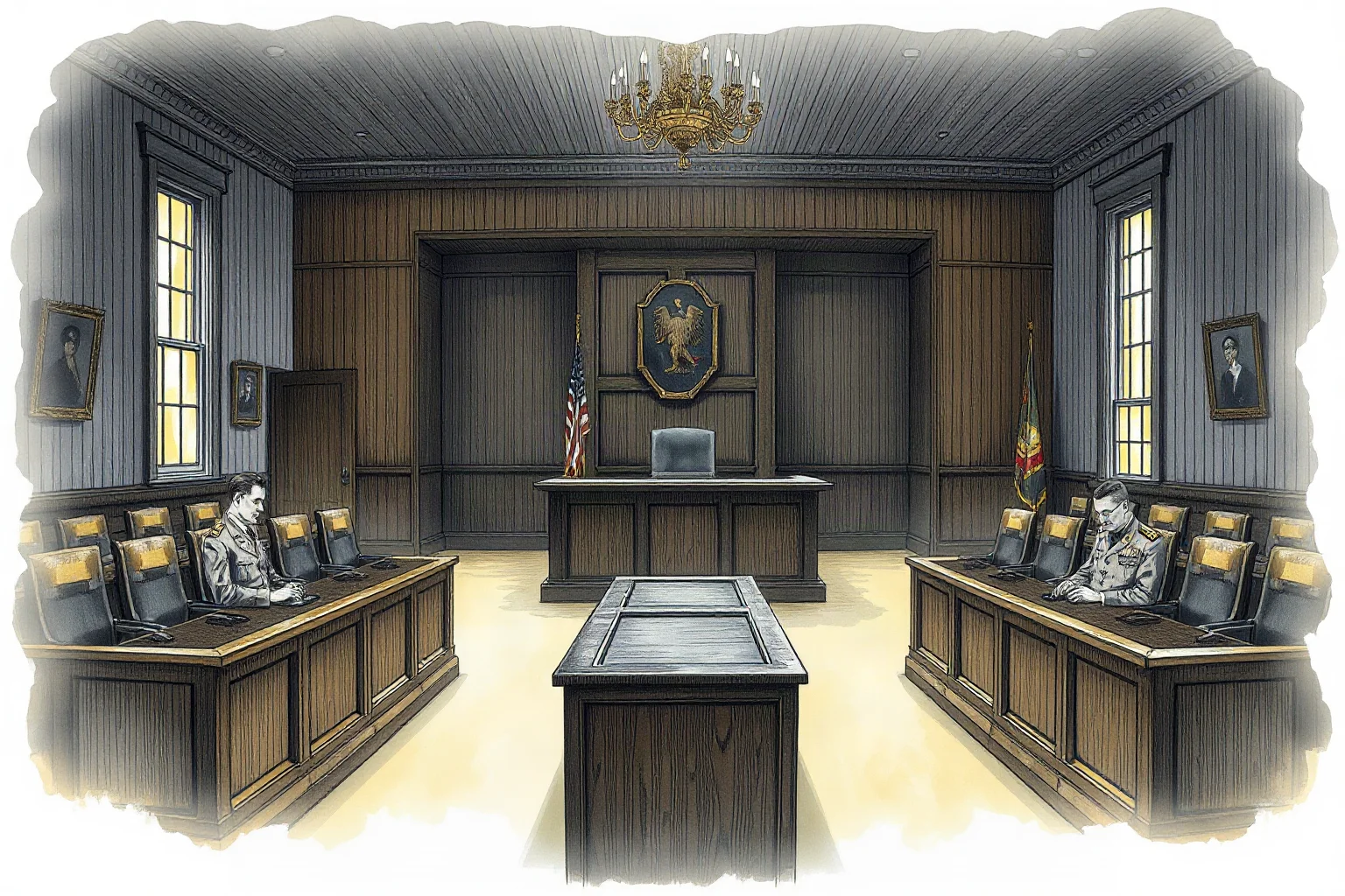 An illustrated somber military courtroom interior with judges' bench, early 1900s style