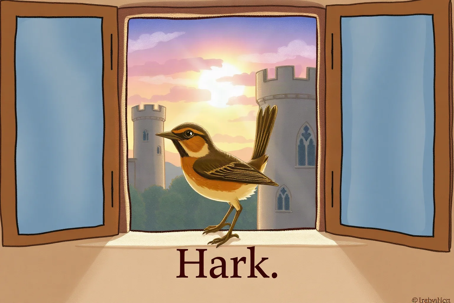 An illustrated songbird perched on a castle windowsill at dawn, representing the word 'Hark' from an old carol scene