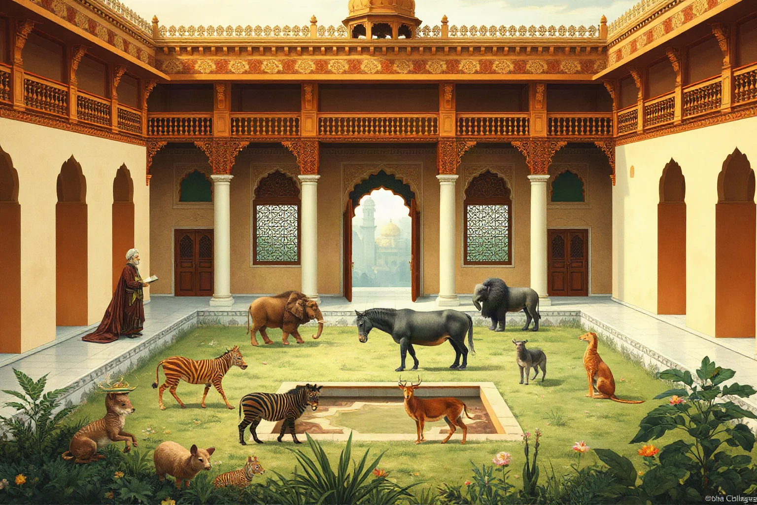 An illustrated South Asian palace courtyard with a variety of exotic animals and a scholar observing them, Mughal miniature painting style