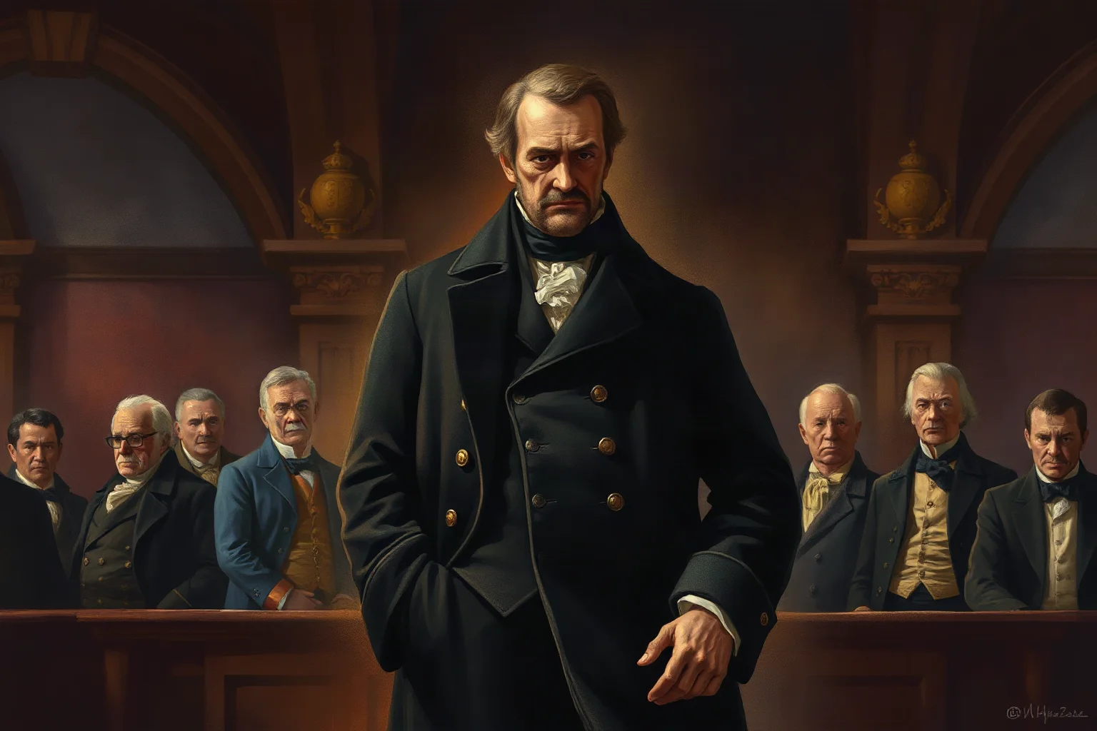 An illustrated stern French revolutionary leader in a dark coat standing before a tribunal, dramatic lighting, historical style