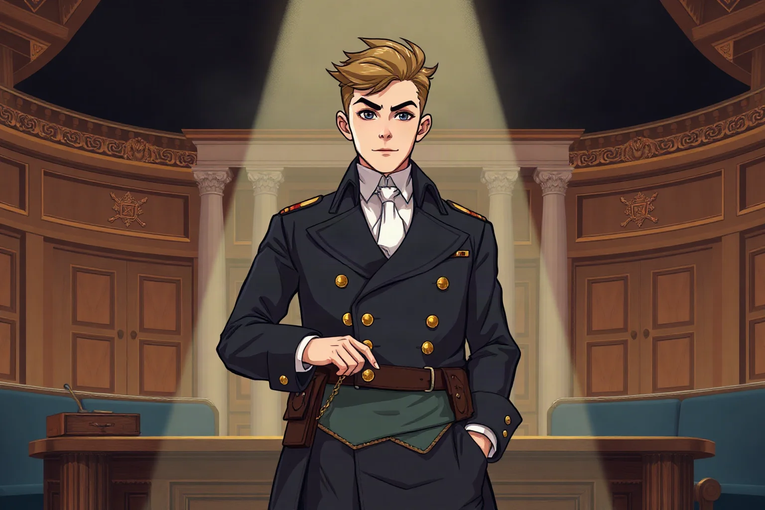 An illustrated stern young revolutionary official in a formal coat standing rigidly before a council chamber
