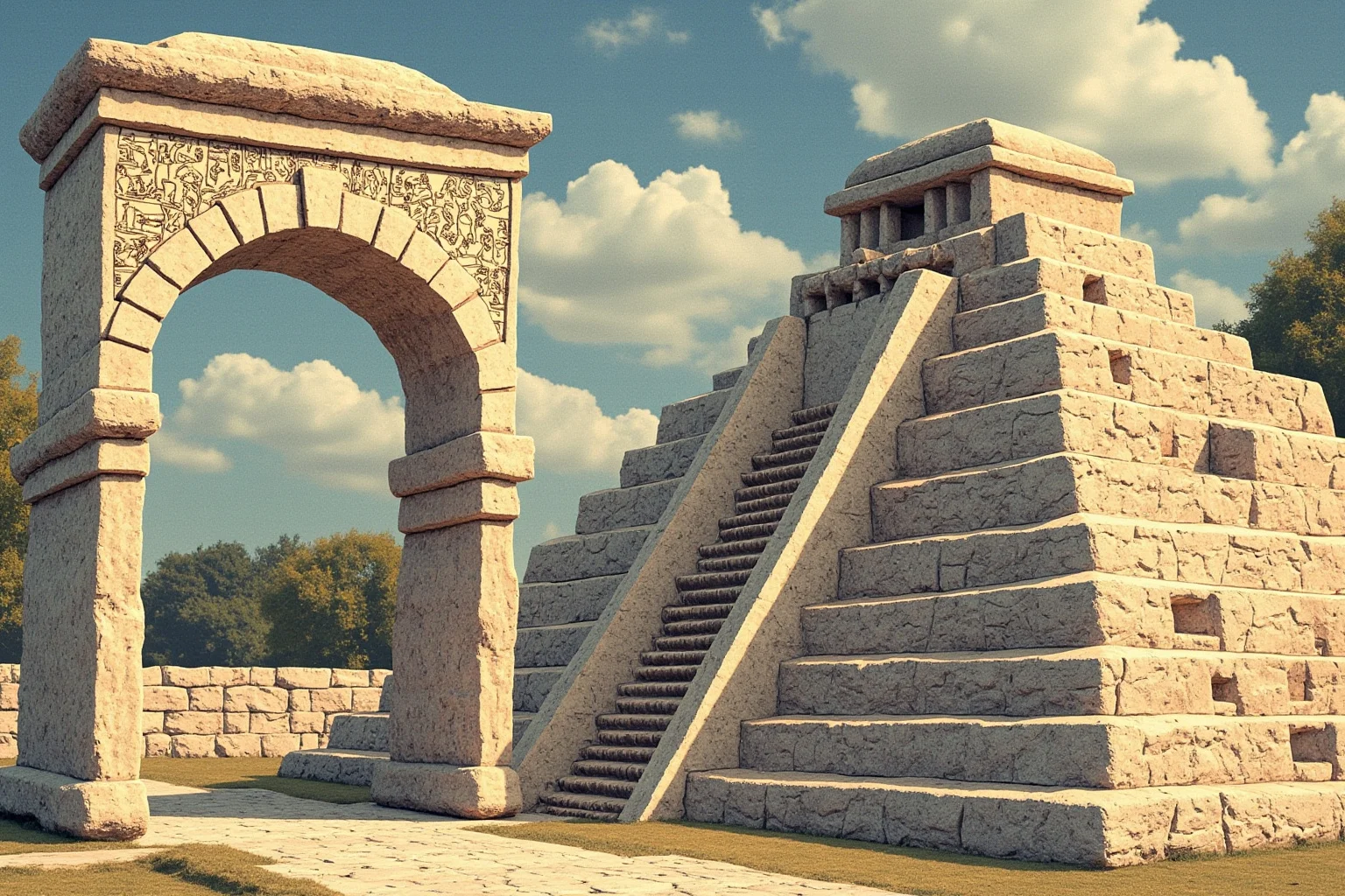Galileo, Harvard, and 20 Other Unlikely Simultaneous Historical Events 5 An illustrated stone university archway beside a stylized Mesoamerican stepped pyramid, symbolizing two eras meeting