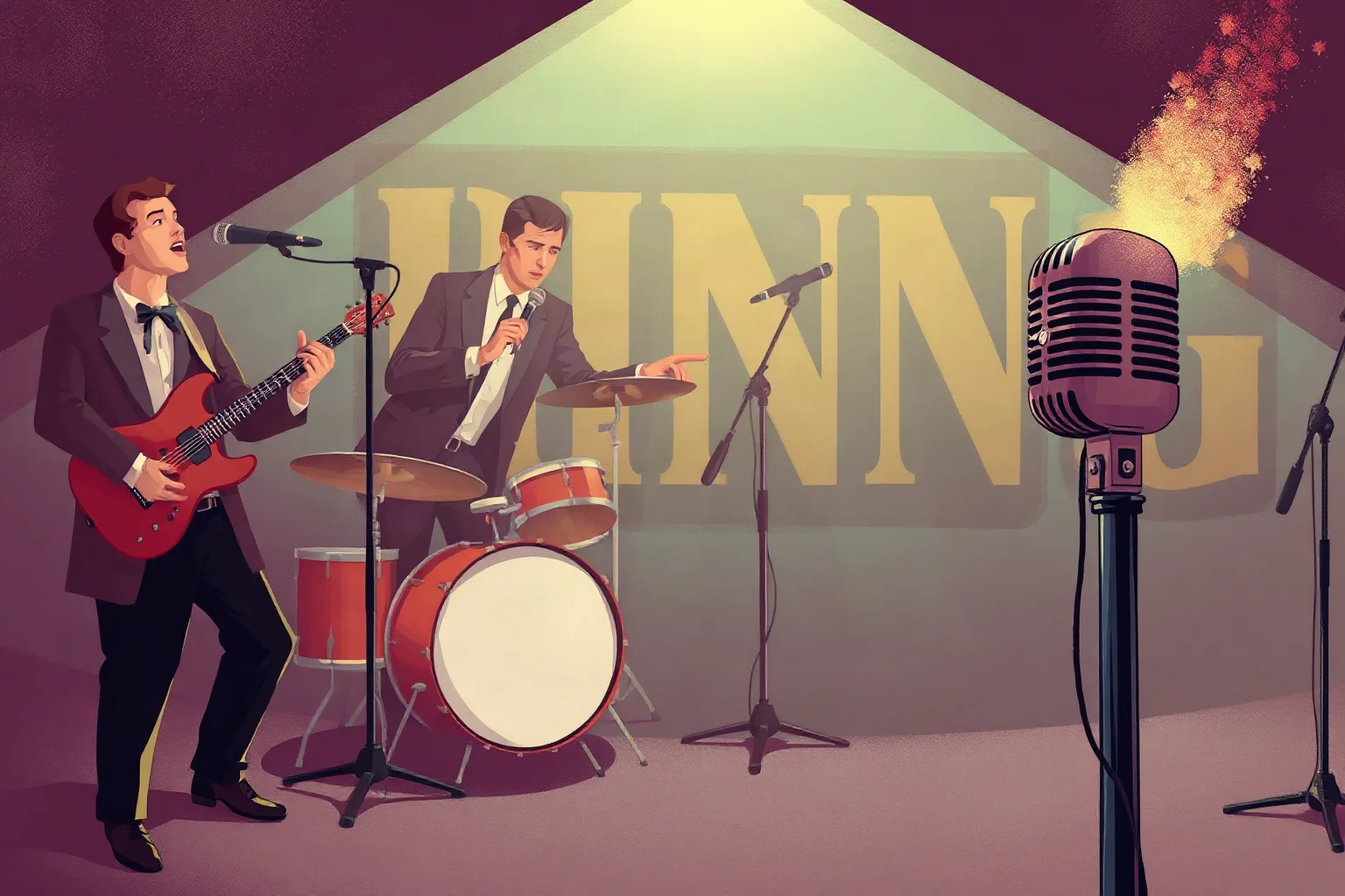 An illustrated swing-era nightclub scene with a big band and a singer at a vintage microphone