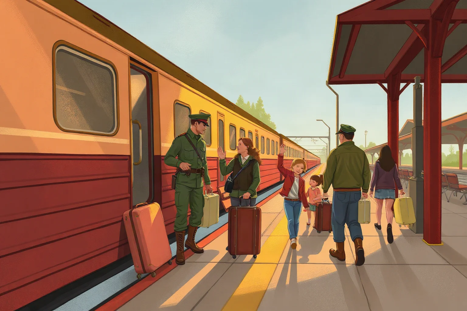 An illustrated train platform with soldiers boarding a train, suitcases and waving families, warm tone