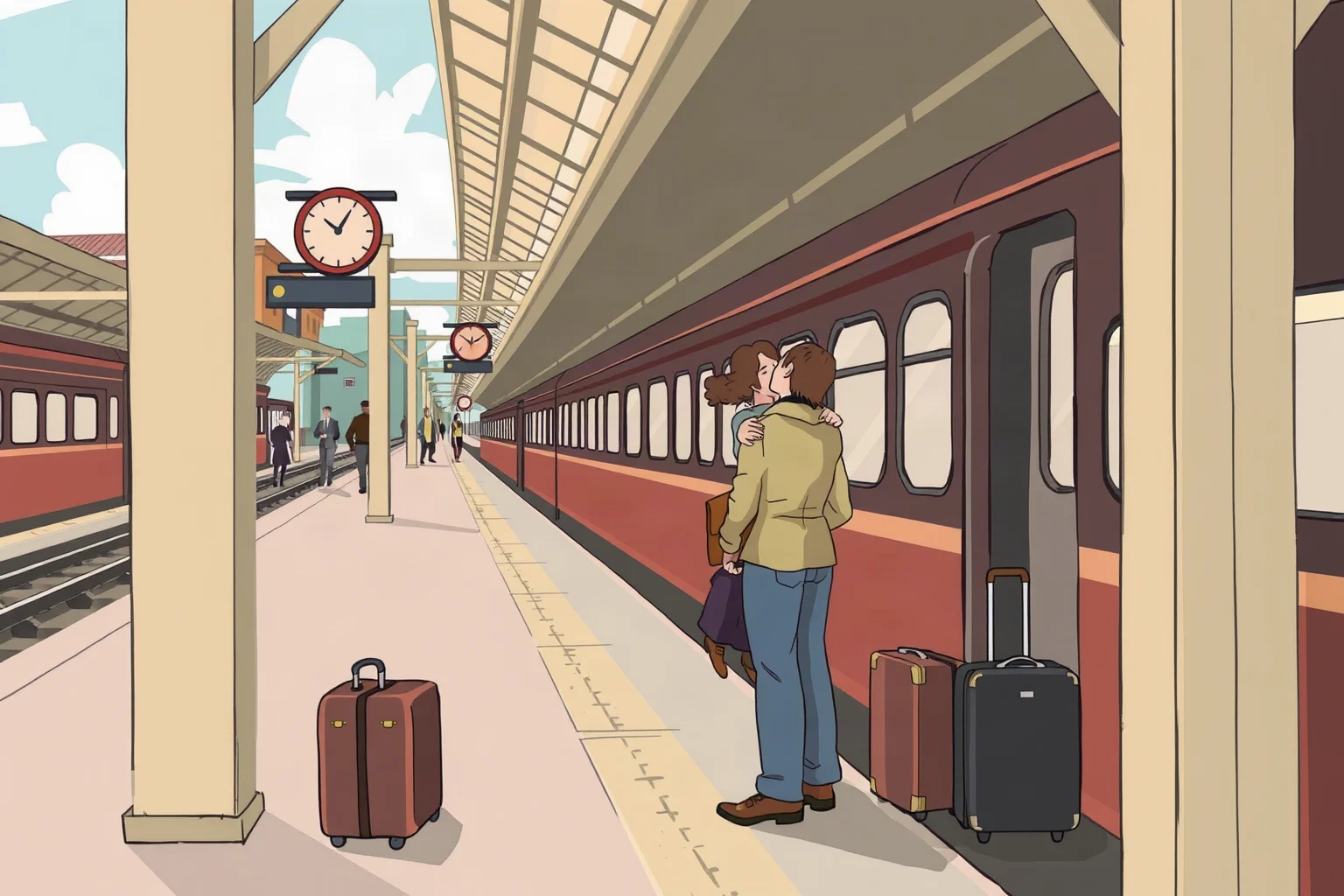 An illustrated train station platform scene with a couple embracing, suitcases nearby, 1940s style